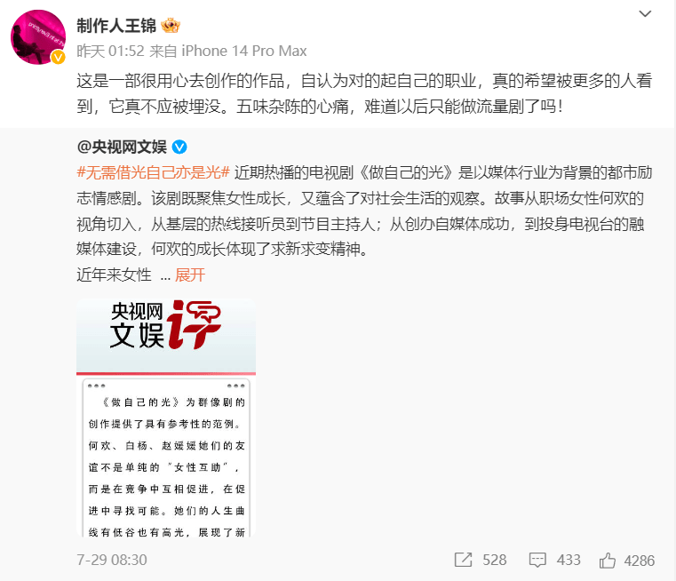 《做自己的光》制片人发声：难道以后只能做流量剧了吗