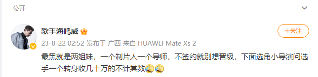 歌手海鸣威发文疑吐槽《好声音》称“最黑的就是两姐妹”