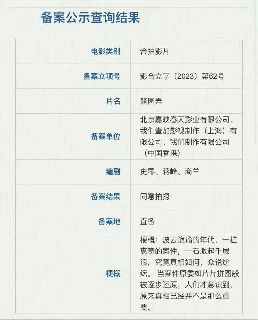 资讯｜陈可辛曝《酱园弄》下个月开机​ 章若楠白宇帆 《照明商店》定档12.15