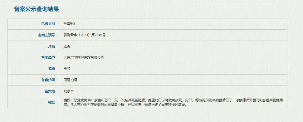 电影《逃离》立项 讲述被家暴妻子反杀丈夫的故事