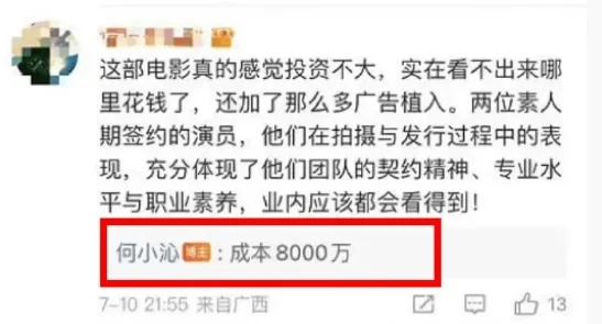 于适新片成本被曝为8000万 上映7天仅获4000万票房