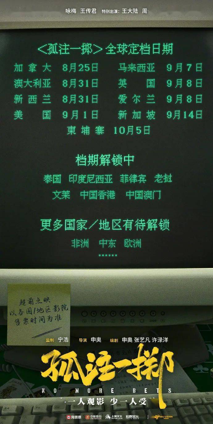 《孤注一掷》海外9国将映；《人生大事》导演新片开机；《金手指》全球多地同步定档